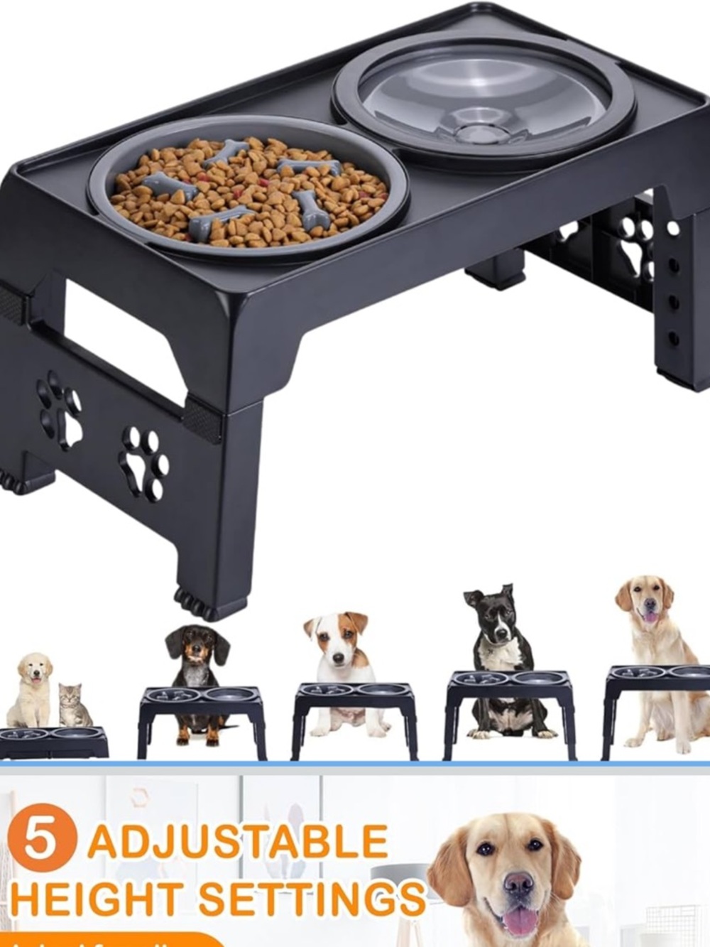 Adjustable Raised Dog Bowl with 2 Stainless Steel Dog Food Bowls slow feed